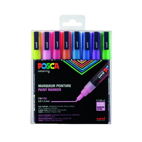 POSCA PC-3M 8 MARQUEURS COLORIS PAILLETES ASSORTIS