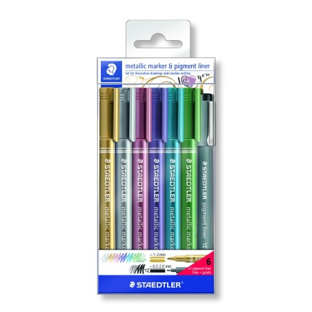 METALLIC MARKER 6 MARQUEURS ASSORTIS + 1 FEUTRE PIGMENT LINER C2-9 OFFERT