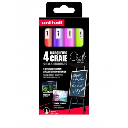 UNI-CHALK 4 MARQUEURS POINTE CONIQUE MOYENNE COLORIS FLUOS ASSORTIS