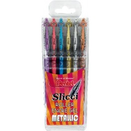 POCHETTE 6 ROLLERS GEL SLICCI pointe aiguille 0,8 mm ass : OR, ARGENT, BLEU, ROSE, VIOLET, BRONZE.