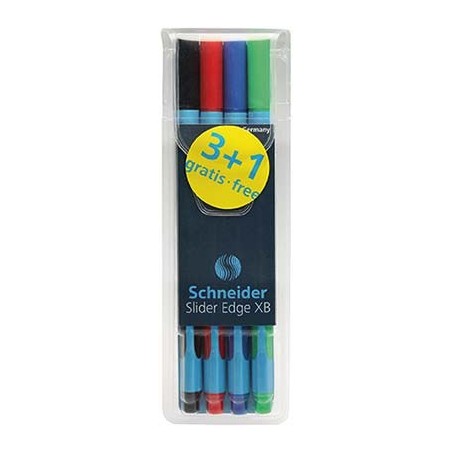 Pochette de 4 STYLOS BILLE SLIDER EDGE Corps triangulaire  pointe large XB  - Noir, bleu, rouge, ver