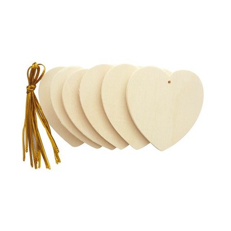 6 SUSPENSIONS CŒURS PLATS 6CM BOIS