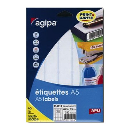 160 ÉTIQUETTES BLANCHES 38,5X65MM PLANCHES A5