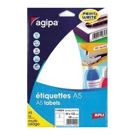 48 ÉTIQUETTES BLANCHES 64X133MM PLANCHES A5