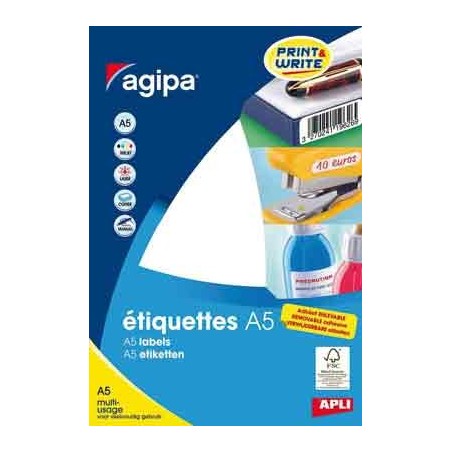 100 ÉTIQUETTES BLANCHES ENLEVABLES 38,5X65MM PLANCHES A5