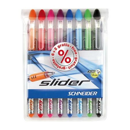 Pochette 8 STYLOS BILLE Assortis slider visco glide XB pointe large  0,7