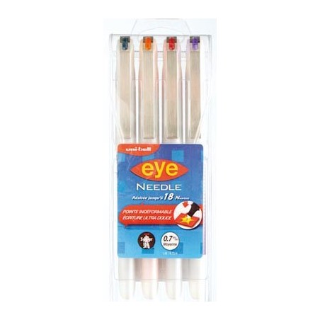 Pochette de 4 Rollers uni-ball EYE NEEDLE POINT 0,7 mm assortis (Bleu/Noir, Orange, Pourpre, Violet)